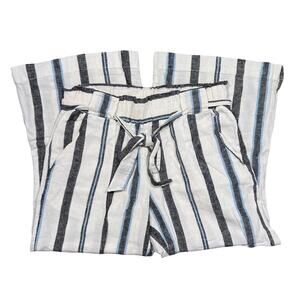Indigo Rein White Gray Blue Striped High Rise Belted Wide Leg Linen Pants Large